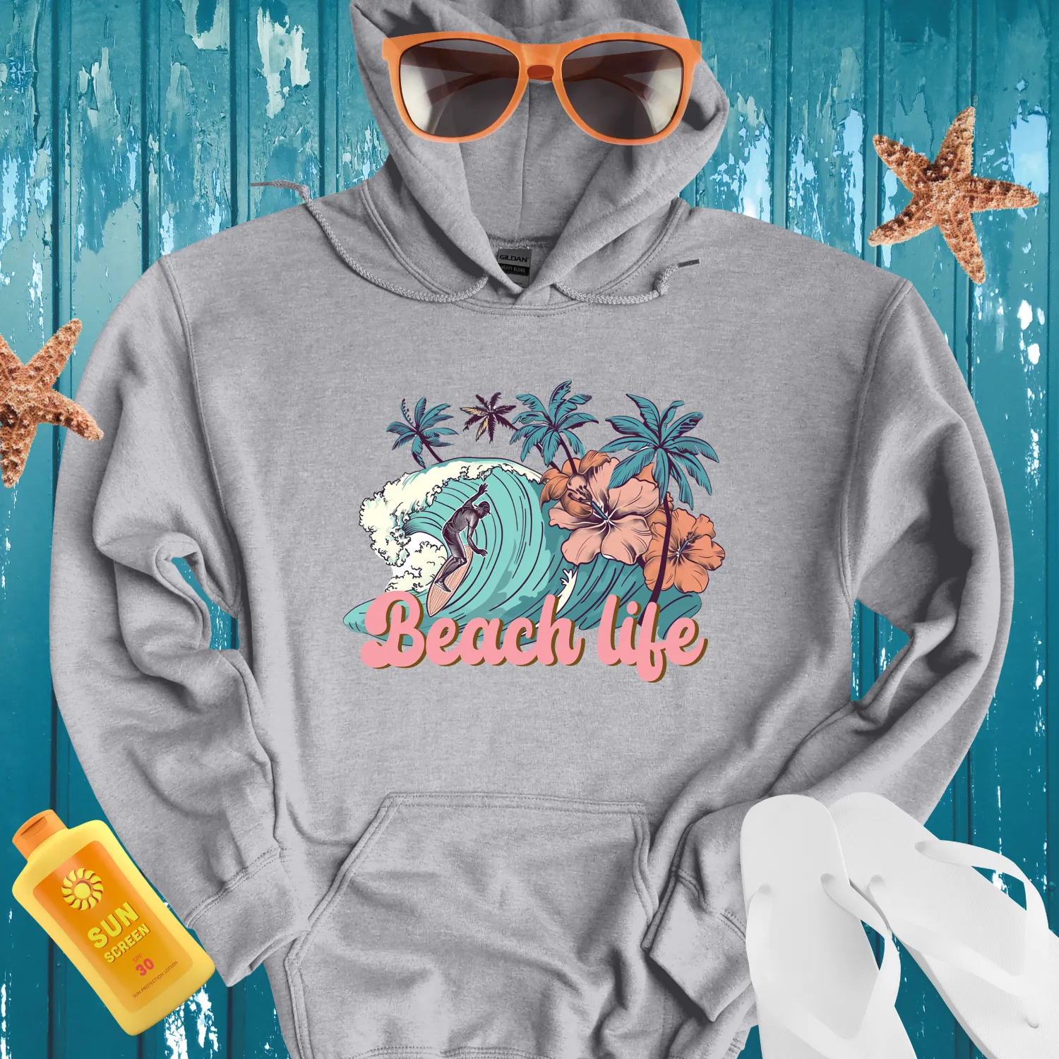 Vintage Beach Life Hoodie With Surfer And Palm Design