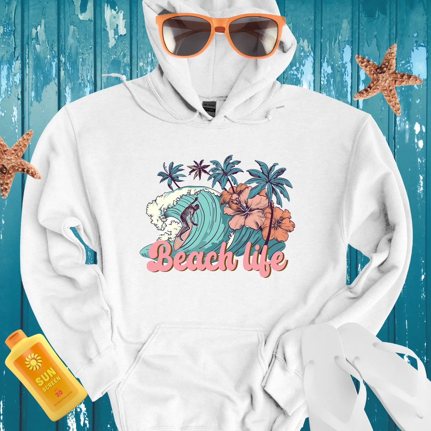 Vintage Beach Life Hoodie With Surfer And Palm Design