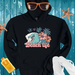 Vintage Beach Life Hoodie With Surfer And Palm Design