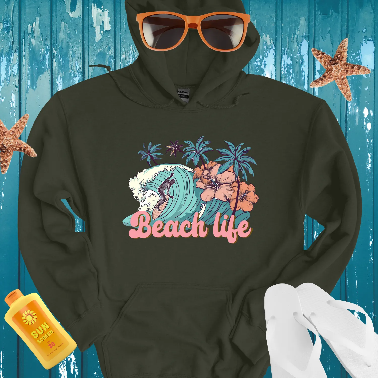 Vintage Beach Life Hoodie With Surfer And Palm Design