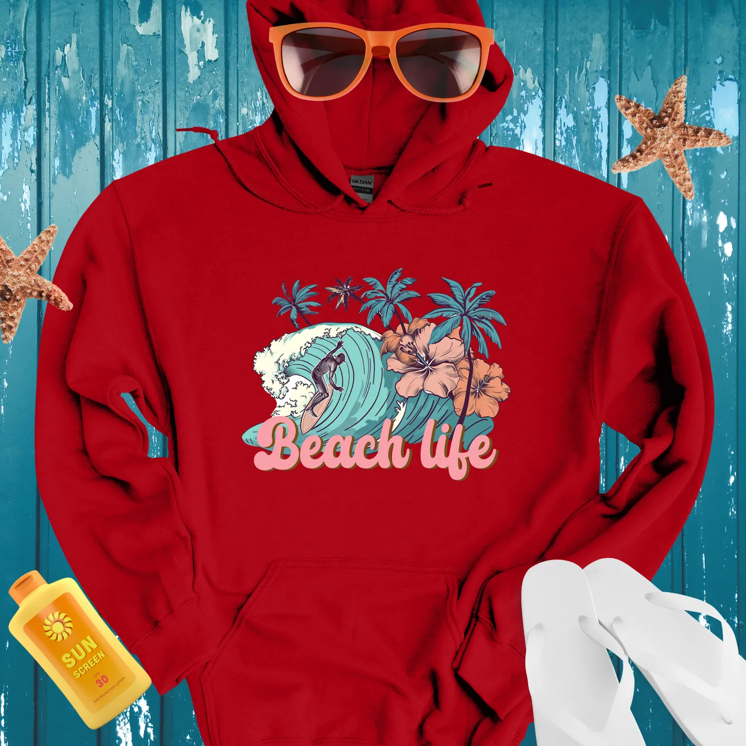 Vintage Beach Life Hoodie With Surfer And Palm Design