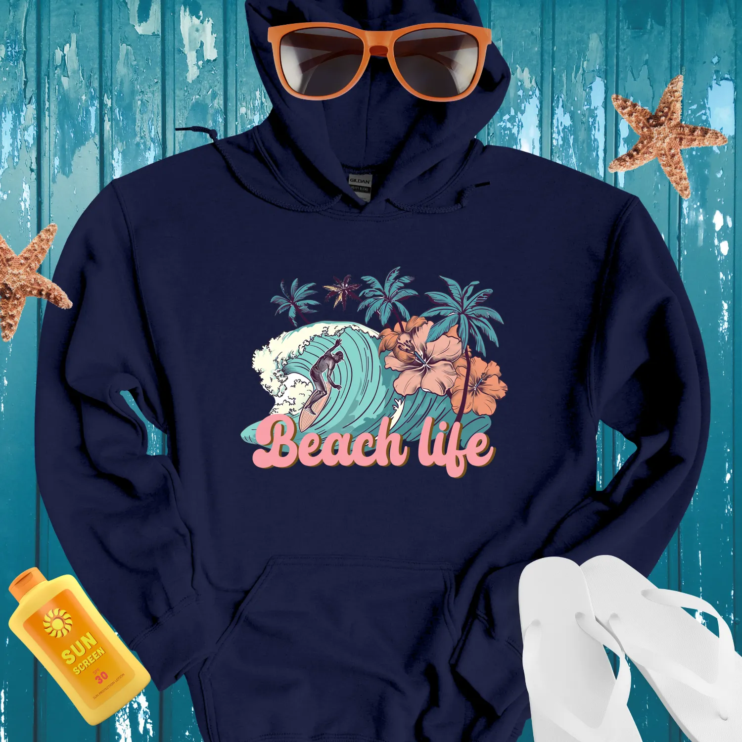 Vintage Beach Life Hoodie With Surfer And Palm Design