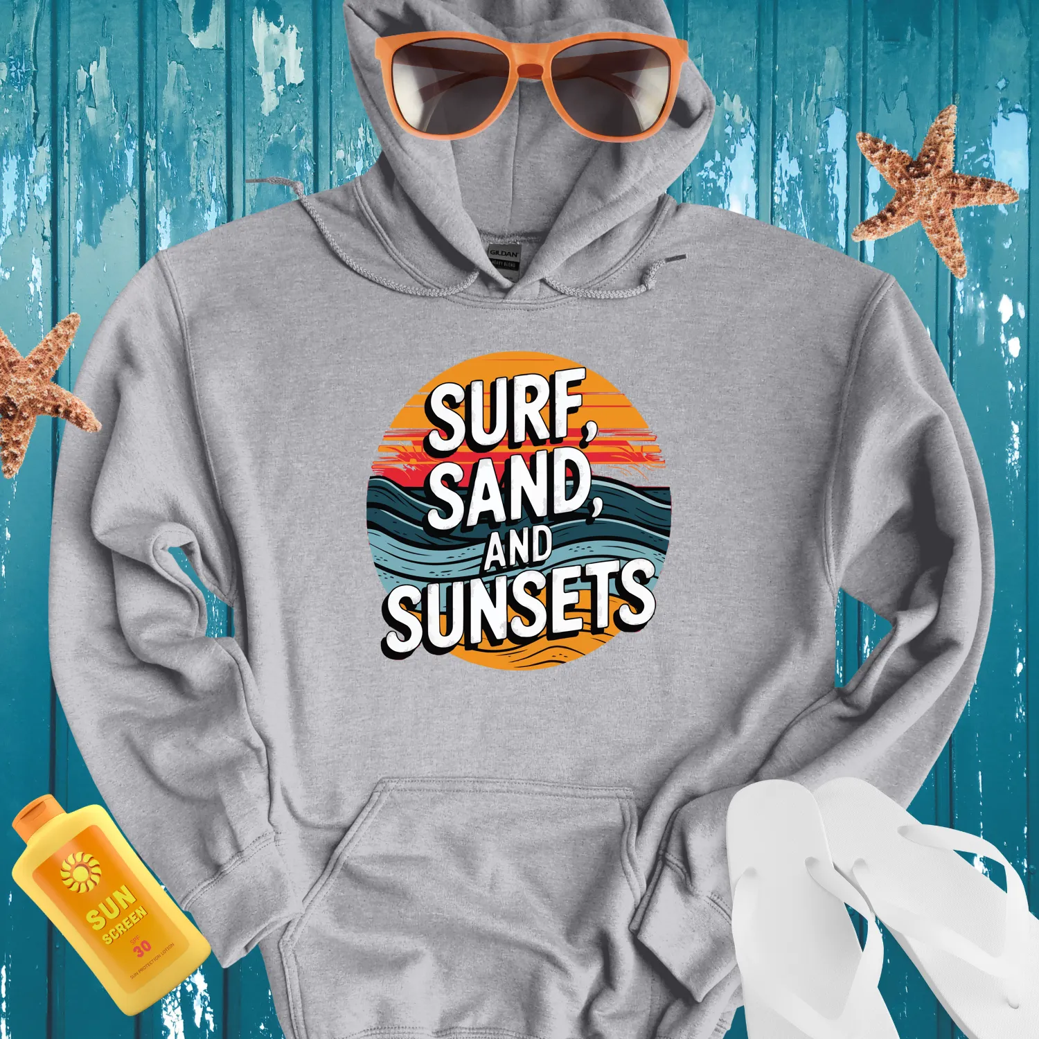 Vintage Beach Vibe Hoodie With Sunset Design