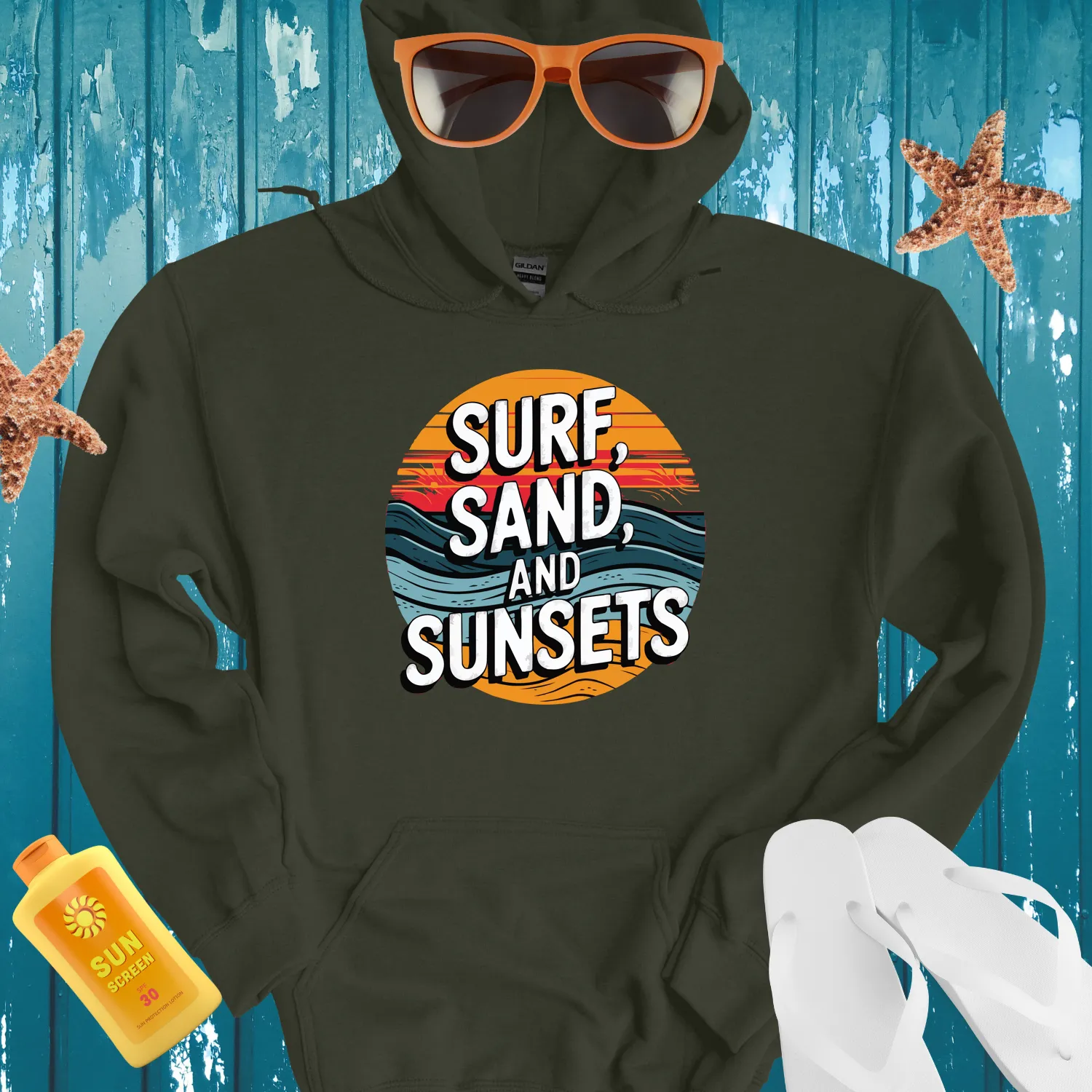 Vintage Beach Vibe Hoodie With Sunset Design