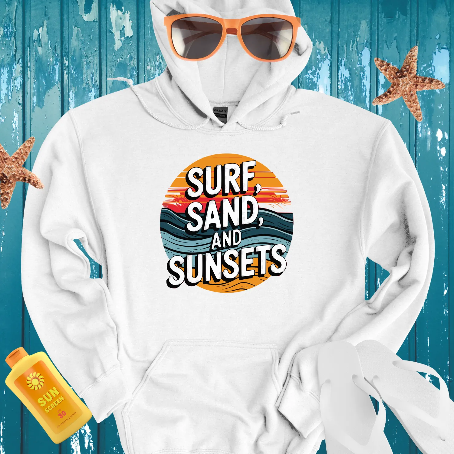 Vintage Beach Vibe Hoodie With Sunset Design