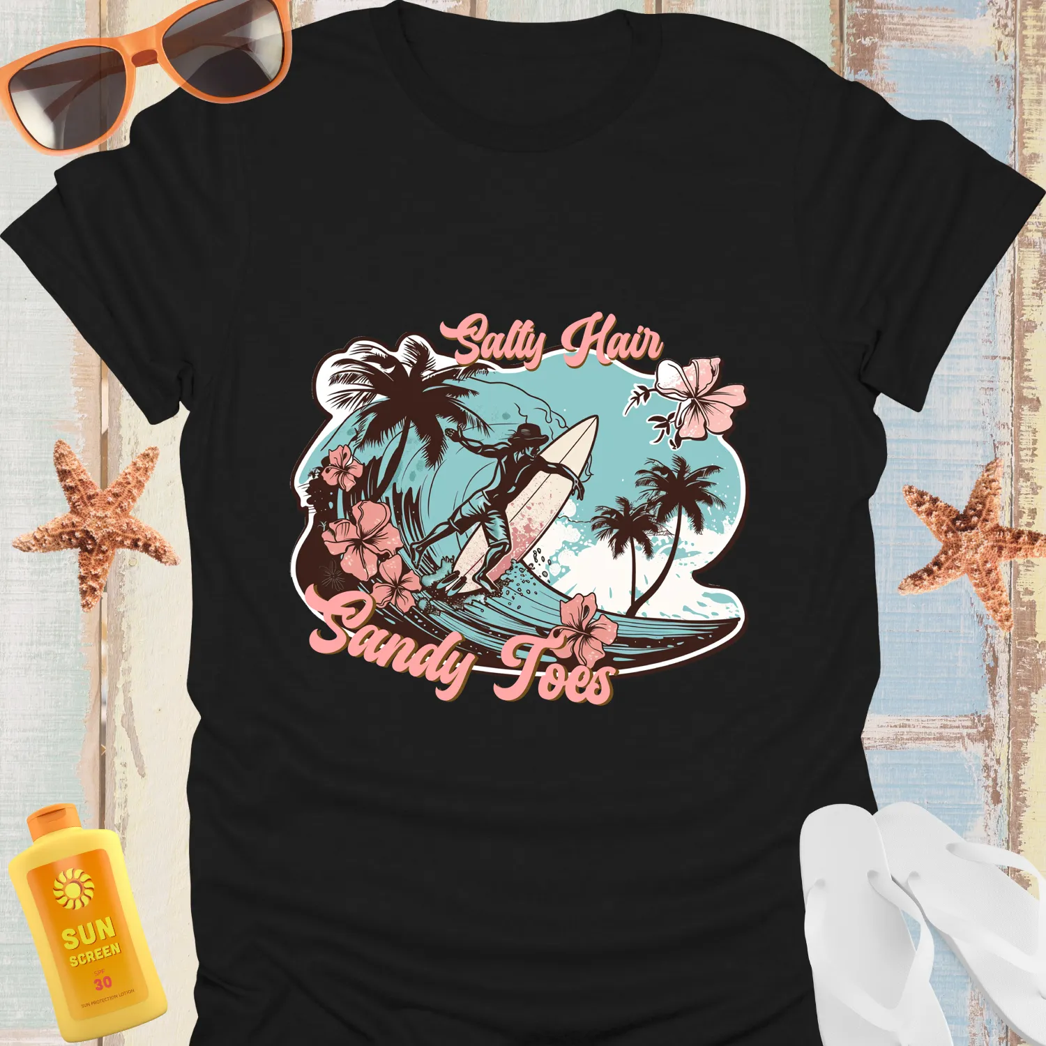 Vintage Beach Vibe Tshirt With Surf And Palm Design