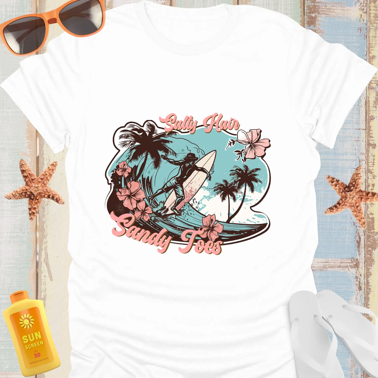 Vintage Beach Vibe Tshirt With Surf And Palm Design