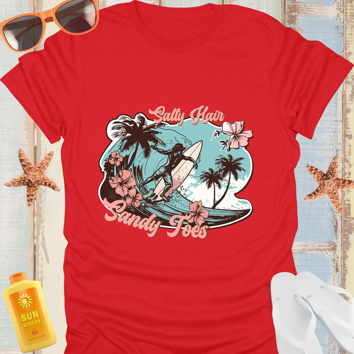 Vintage Beach Vibe Tshirt With Surf And Palm Design