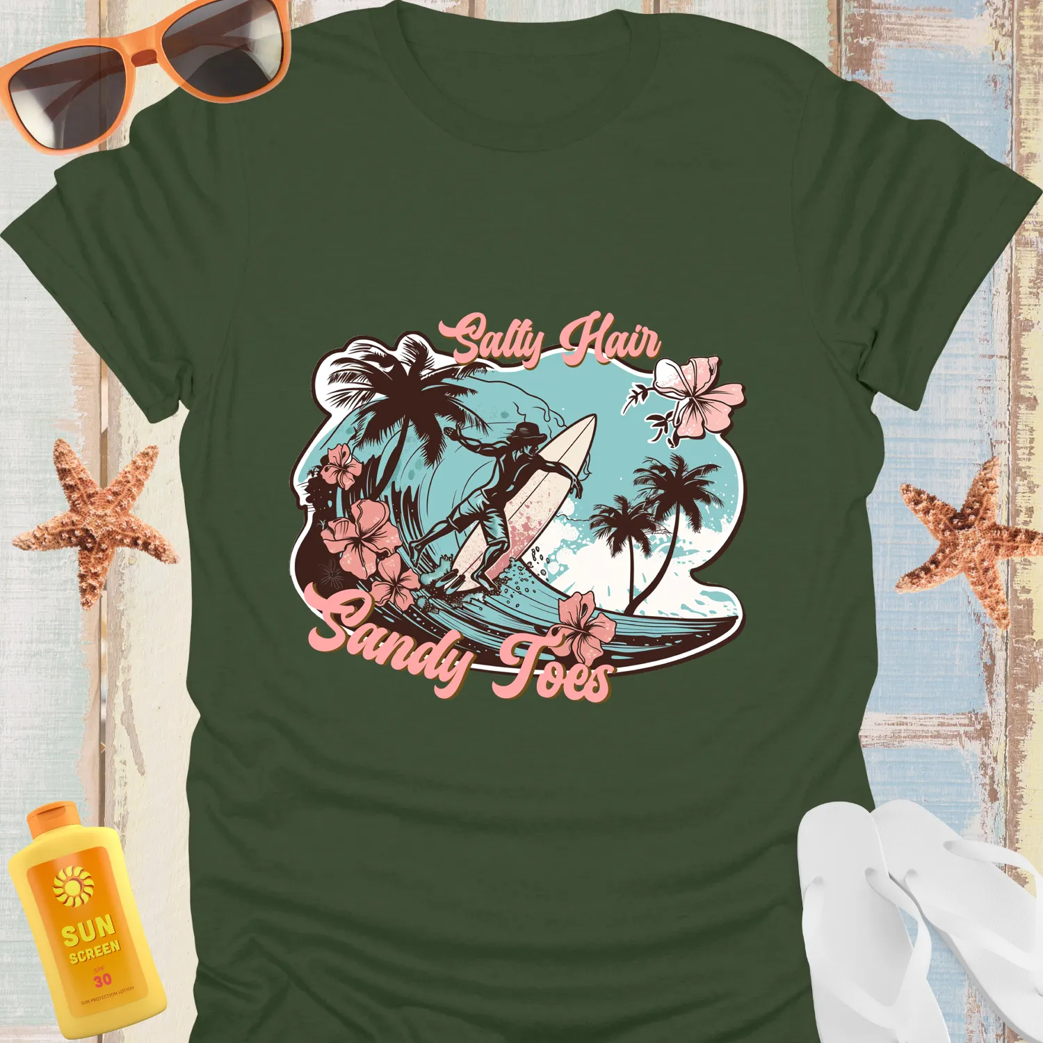 Vintage Beach Vibe Tshirt With Surf And Palm Design