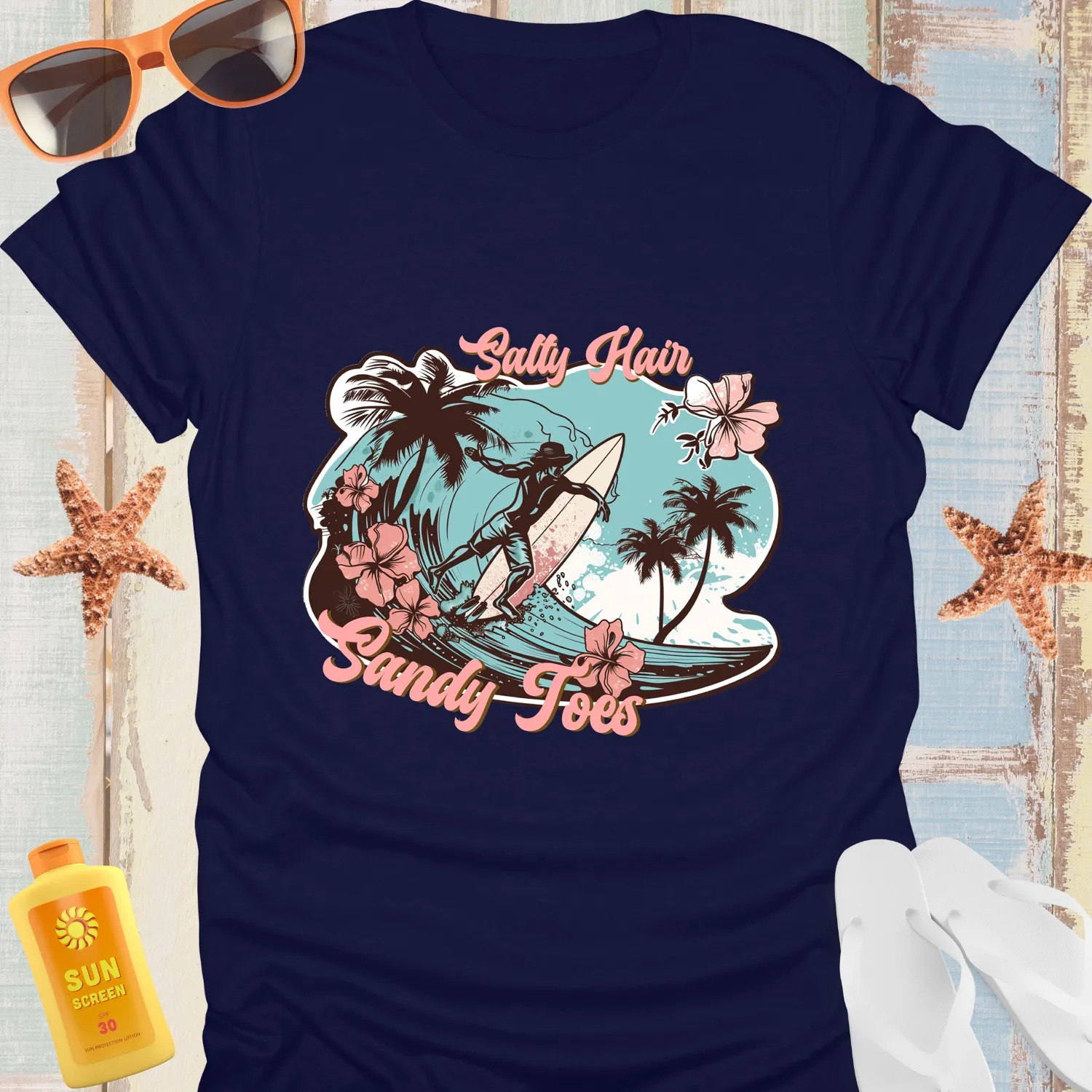 Vintage Beach Vibe Tshirt With Surf And Palm Design