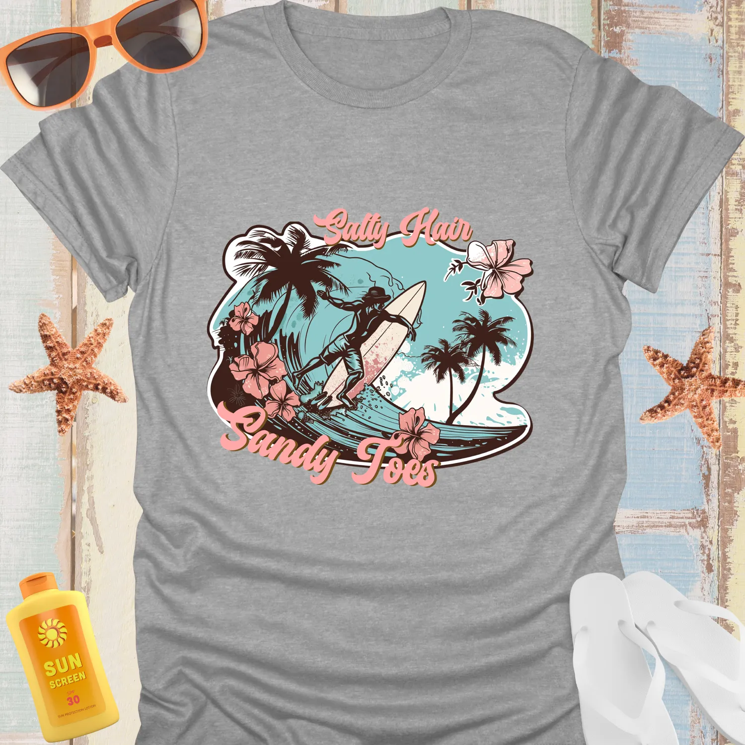 Vintage Beach Vibe Tshirt With Surf And Palm Design