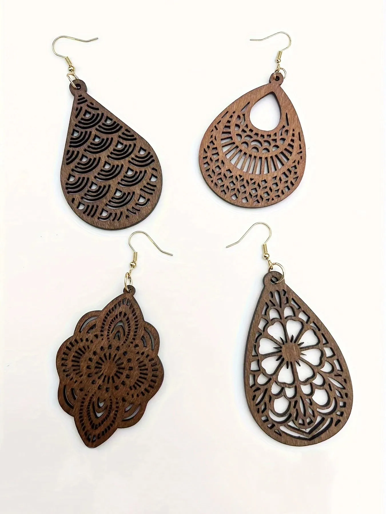 Vintage Carved Flower Dangle Earrings Set | 4 Pairs Retro Wooden Earrings | Elegant Gift