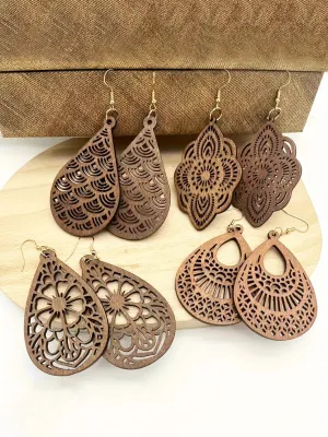 Vintage Carved Flower Dangle Earrings Set | 4 Pairs Retro Wooden Earrings | Elegant Gift