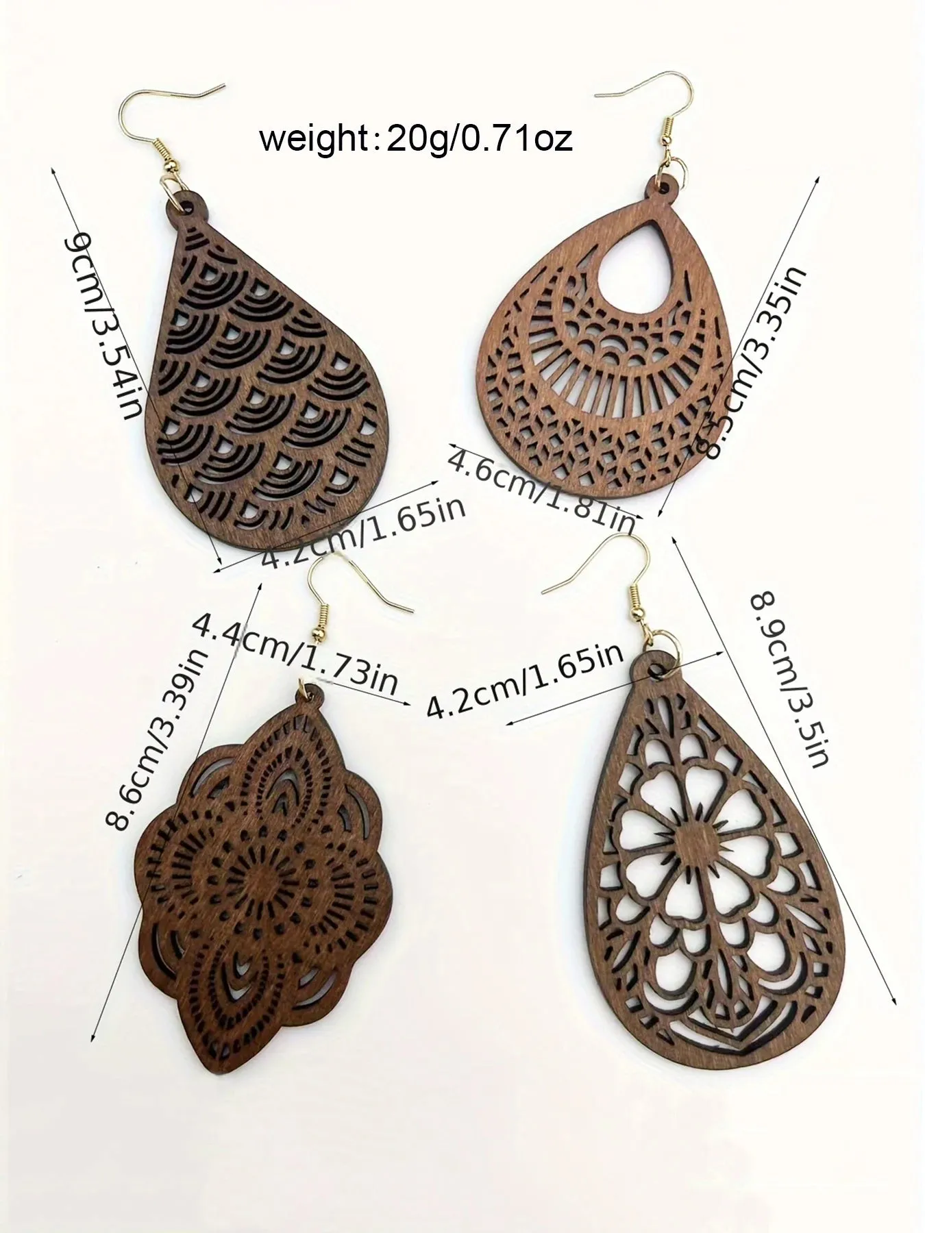 Vintage Carved Flower Dangle Earrings Set | 4 Pairs Retro Wooden Earrings | Elegant Gift