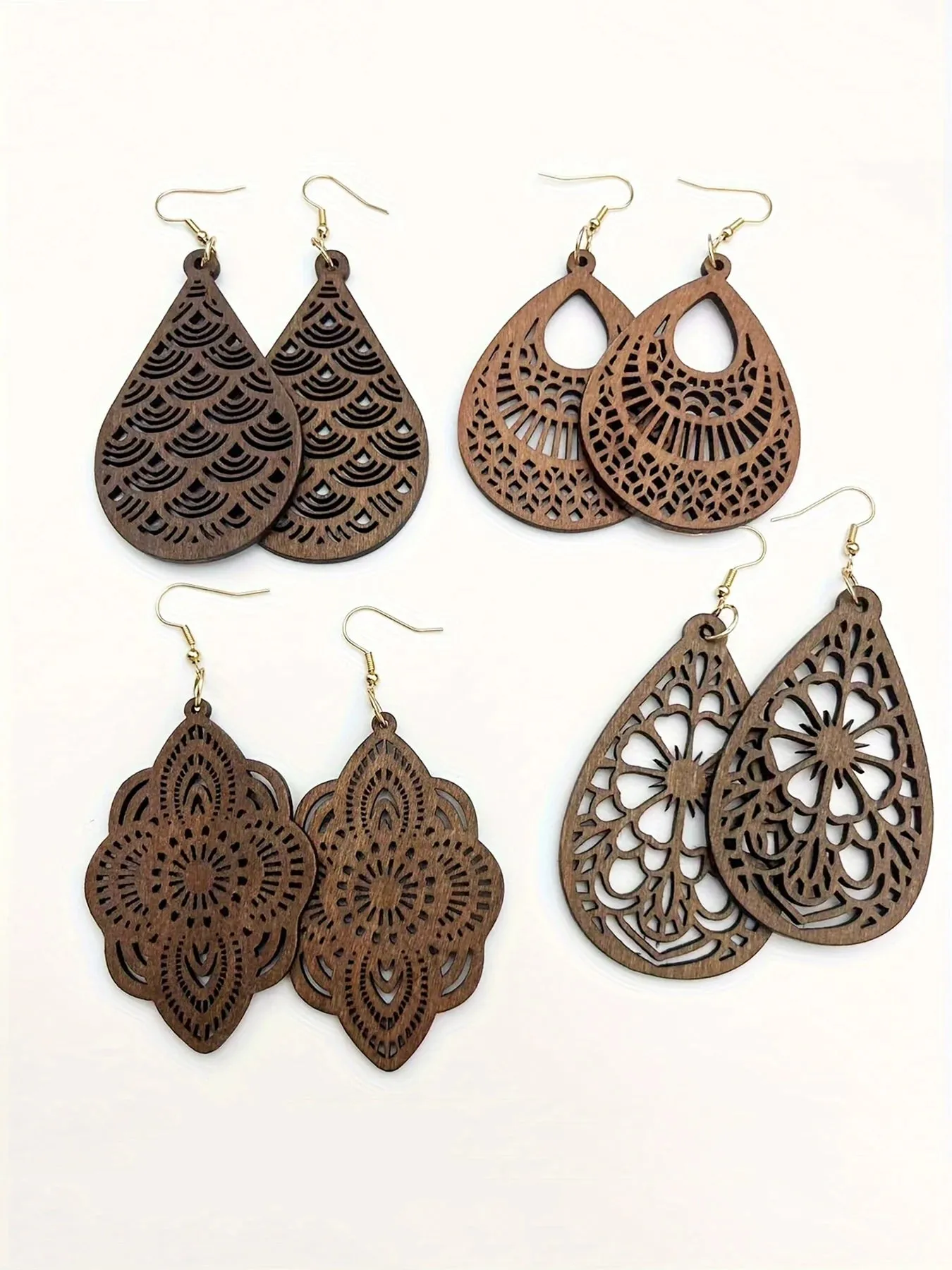 Vintage Carved Flower Dangle Earrings Set | 4 Pairs Retro Wooden Earrings | Elegant Gift