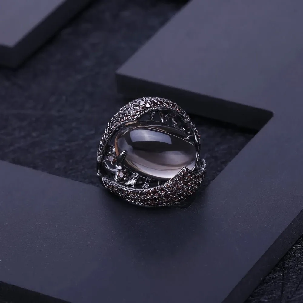 Vintage Gothic Dark Gemstone Ring 925 Sterling Sliver Women's Jewelry