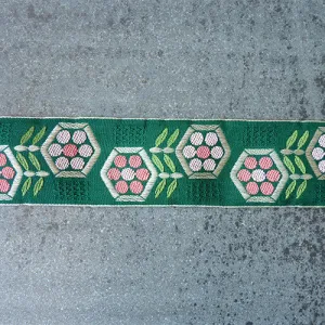 Vintage Hexagon Floral Ribbon - Pink / Coral on Dark Green