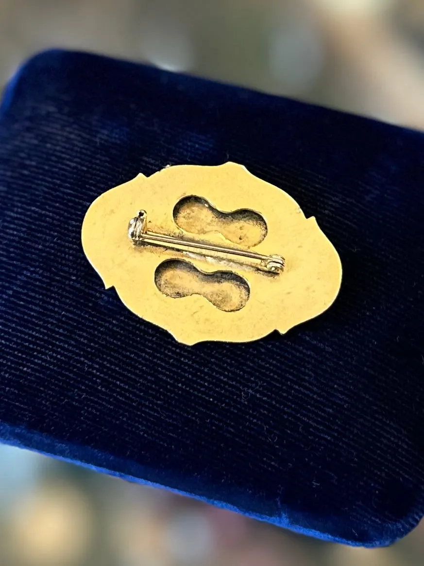 Vintage Midcentury Signed FREIRICH French Gold Plated & Navy Blue Enamel Mushroom Oval Brooch
