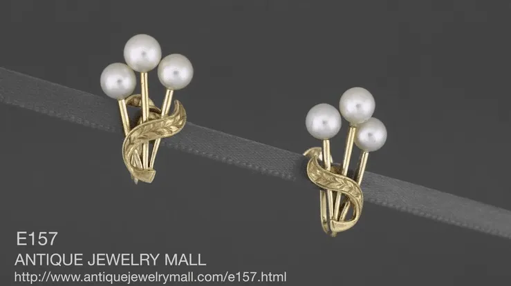 Vintage Mikimoto Pearl Cluster Earrings in 14 Karat Yellow Gold