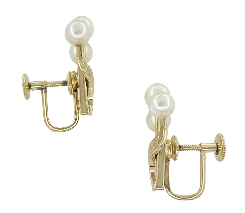 Vintage Mikimoto Pearl Cluster Earrings in 14 Karat Yellow Gold