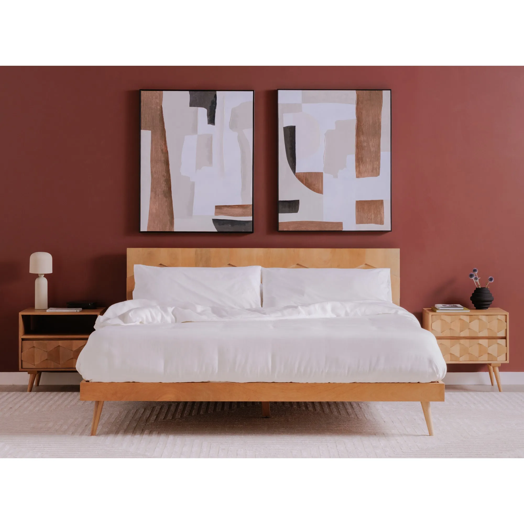 Vintage-Modern Solid Mango Wood Queen Bed with Elevated Design