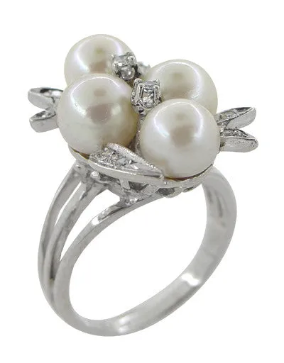 Vintage Pearl and Diamond Retro Moderne Cluster Cocktail Ring in 14 Karat White Gold