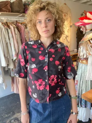 Vintage Rose Pattern Black Short Sleeve Button Down