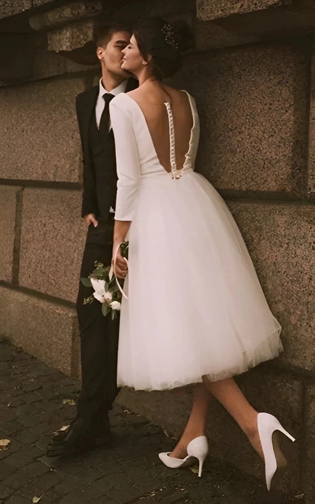 Vintage Short Casual Simple Long Sleeve A-line Tea-length Plunging Neckline Satin Wedding Dress