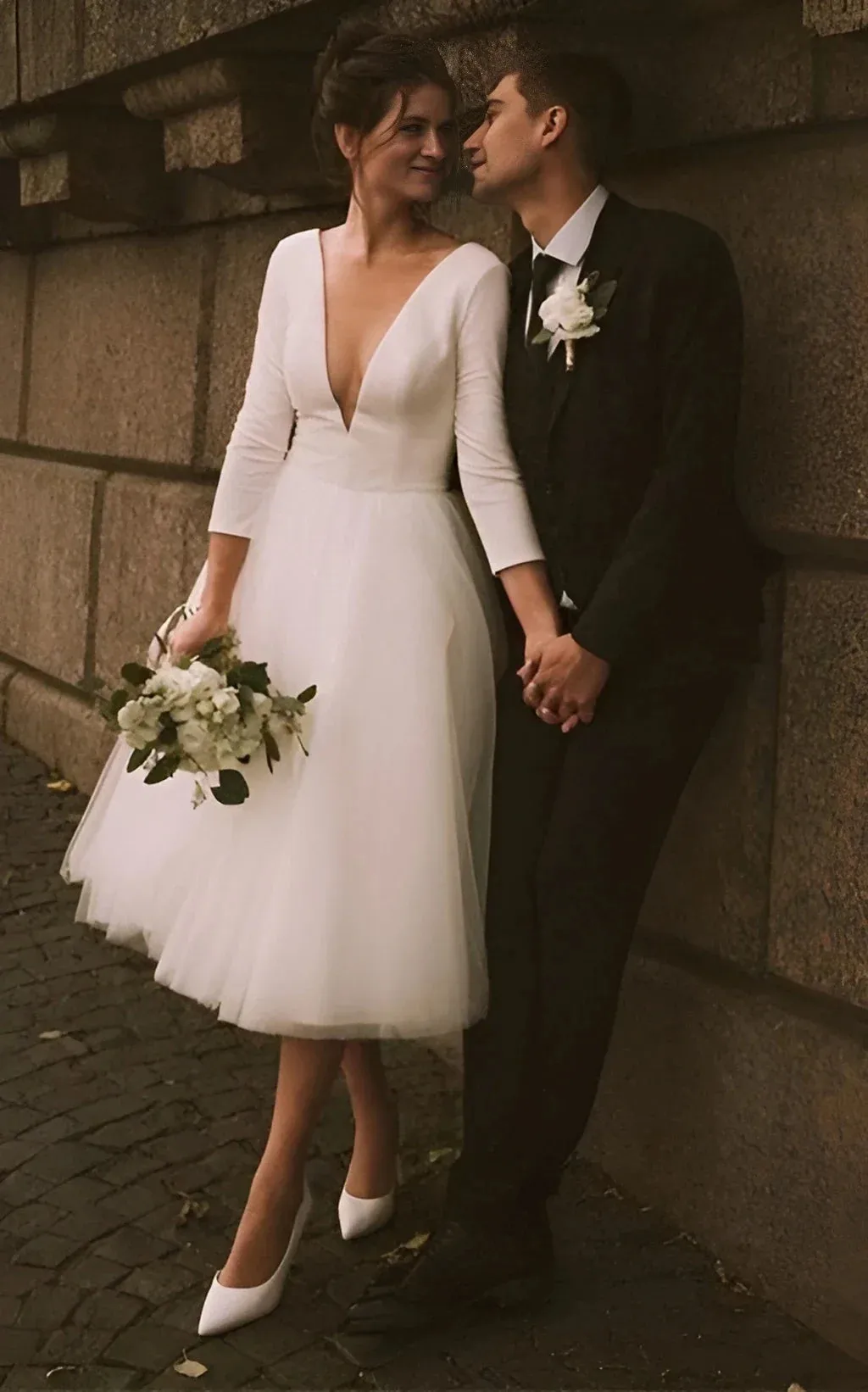 Vintage Short Casual Simple Long Sleeve A-line Tea-length Plunging Neckline Satin Wedding Dress