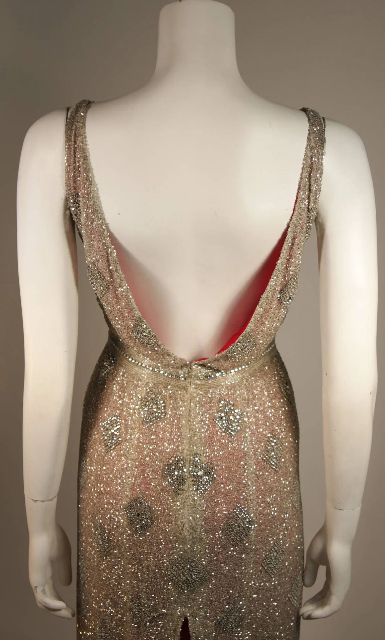 VINTAGE Silver Beaded Gown, Silk Lining & Back Slit Size S