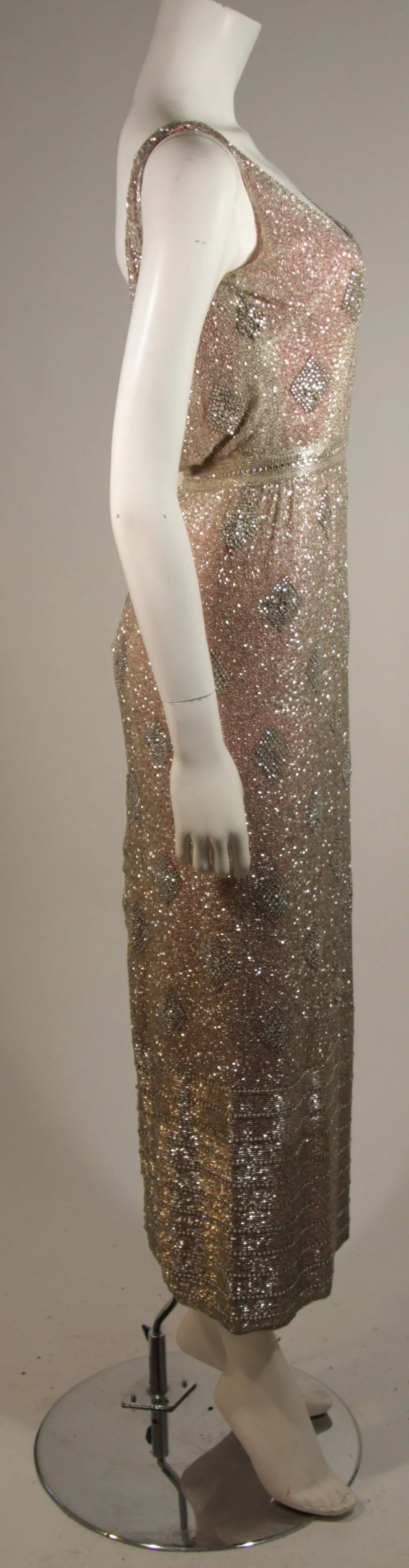VINTAGE Silver Beaded Gown, Silk Lining & Back Slit Size S