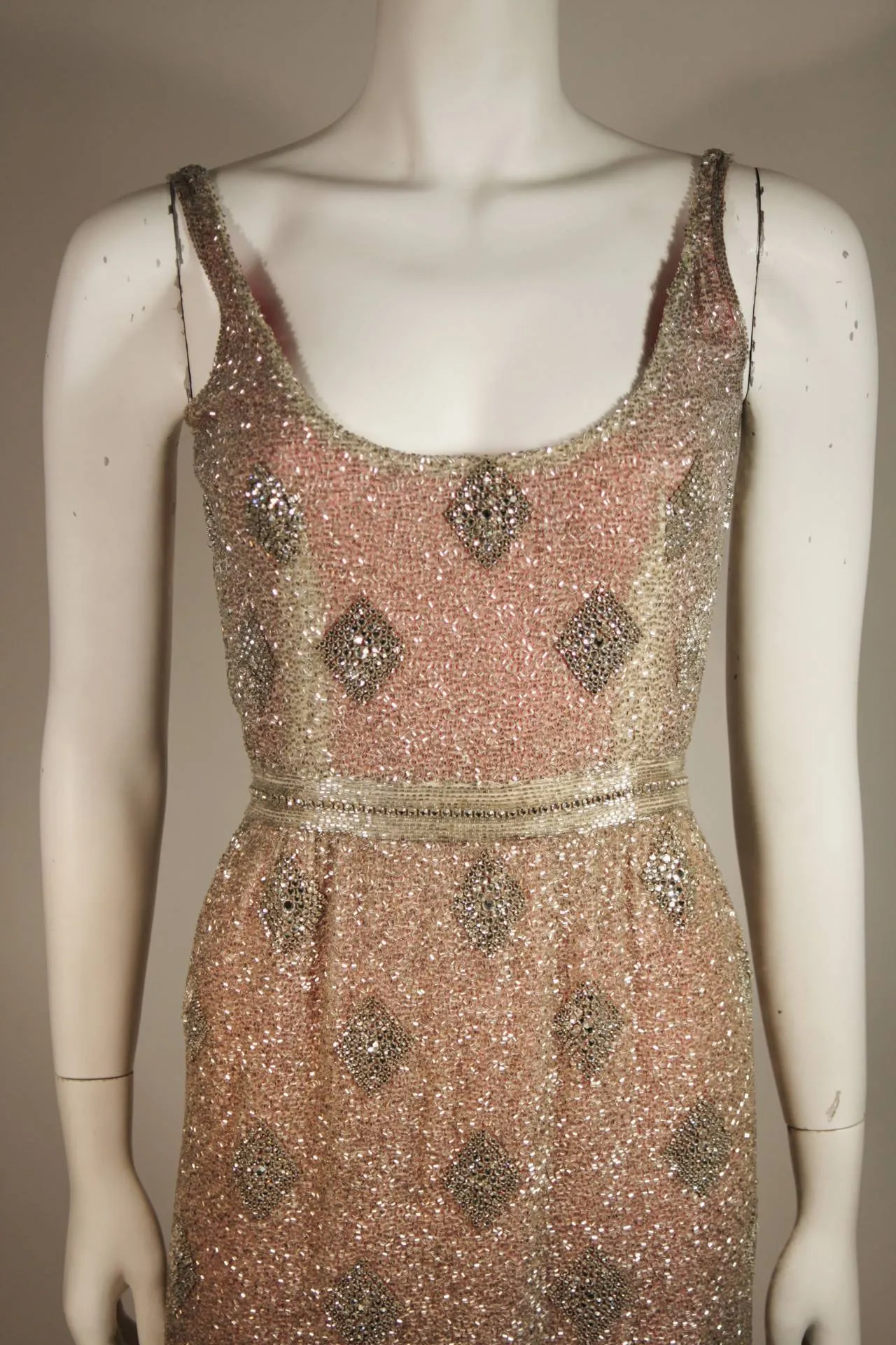 VINTAGE Silver Beaded Gown, Silk Lining & Back Slit Size S
