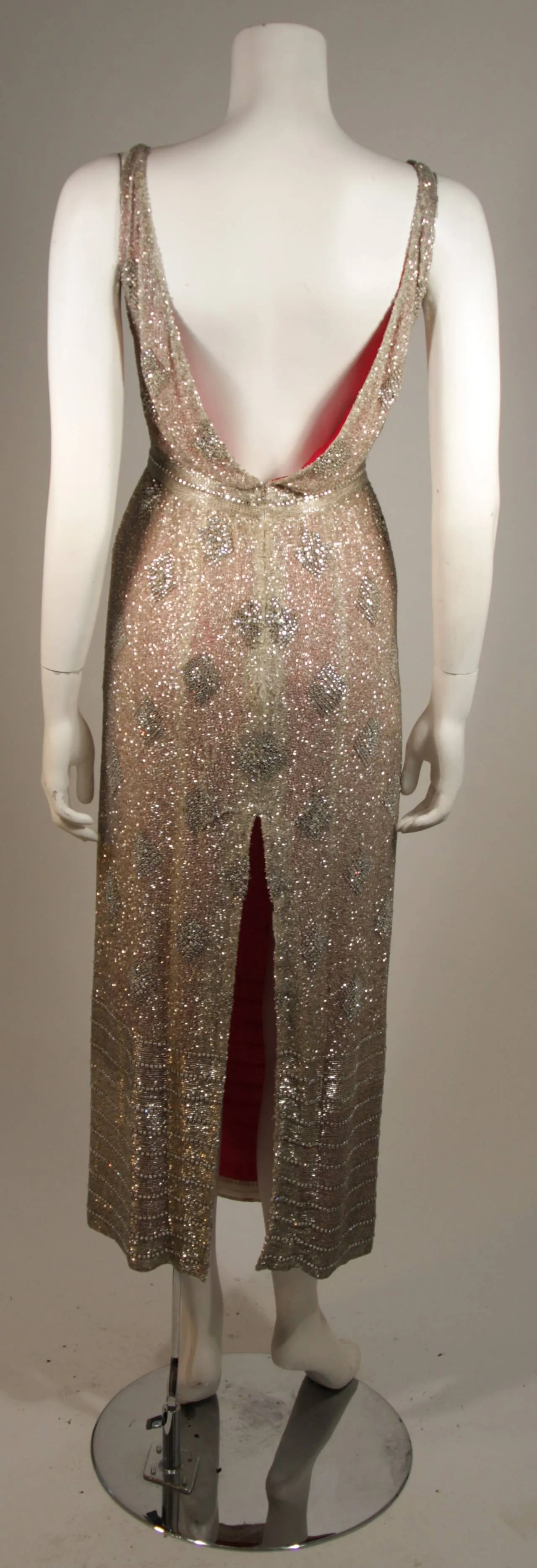 VINTAGE Silver Beaded Gown, Silk Lining & Back Slit Size S