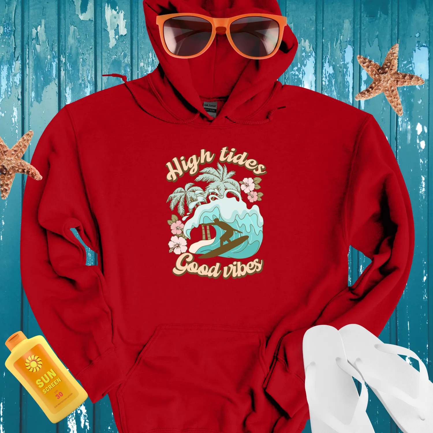 Vintage Surfing Hoodie With Light Blue Wave Design