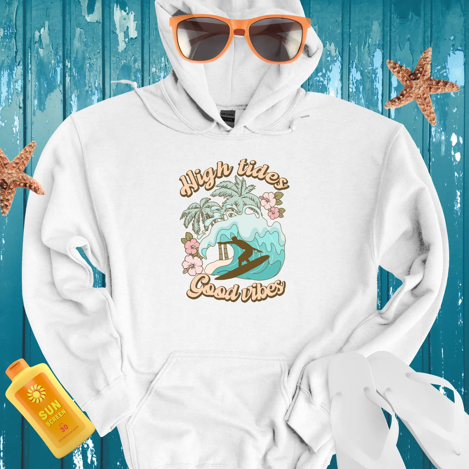 Vintage Surfing Hoodie With Light Blue Wave Design