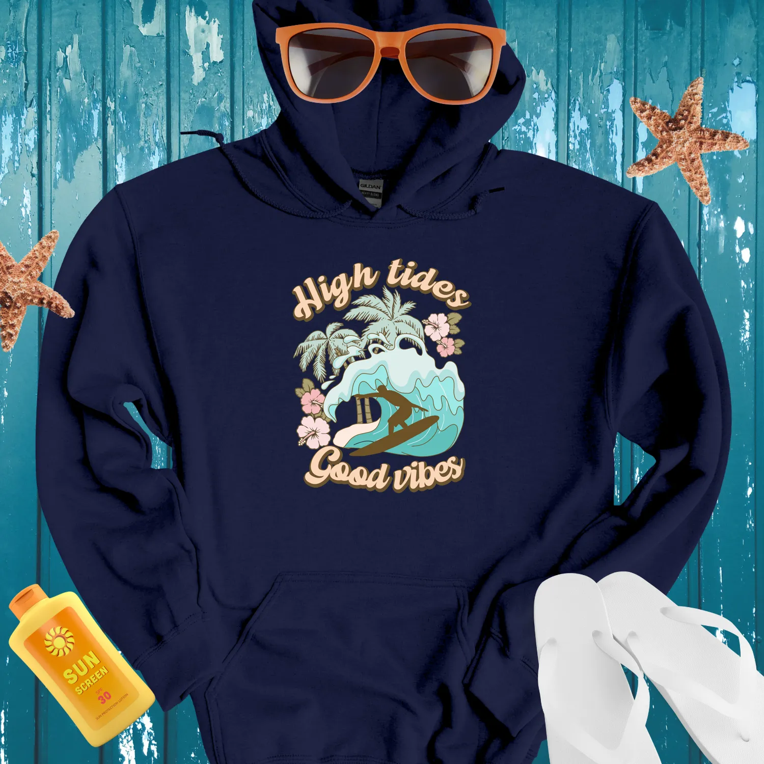 Vintage Surfing Hoodie With Light Blue Wave Design