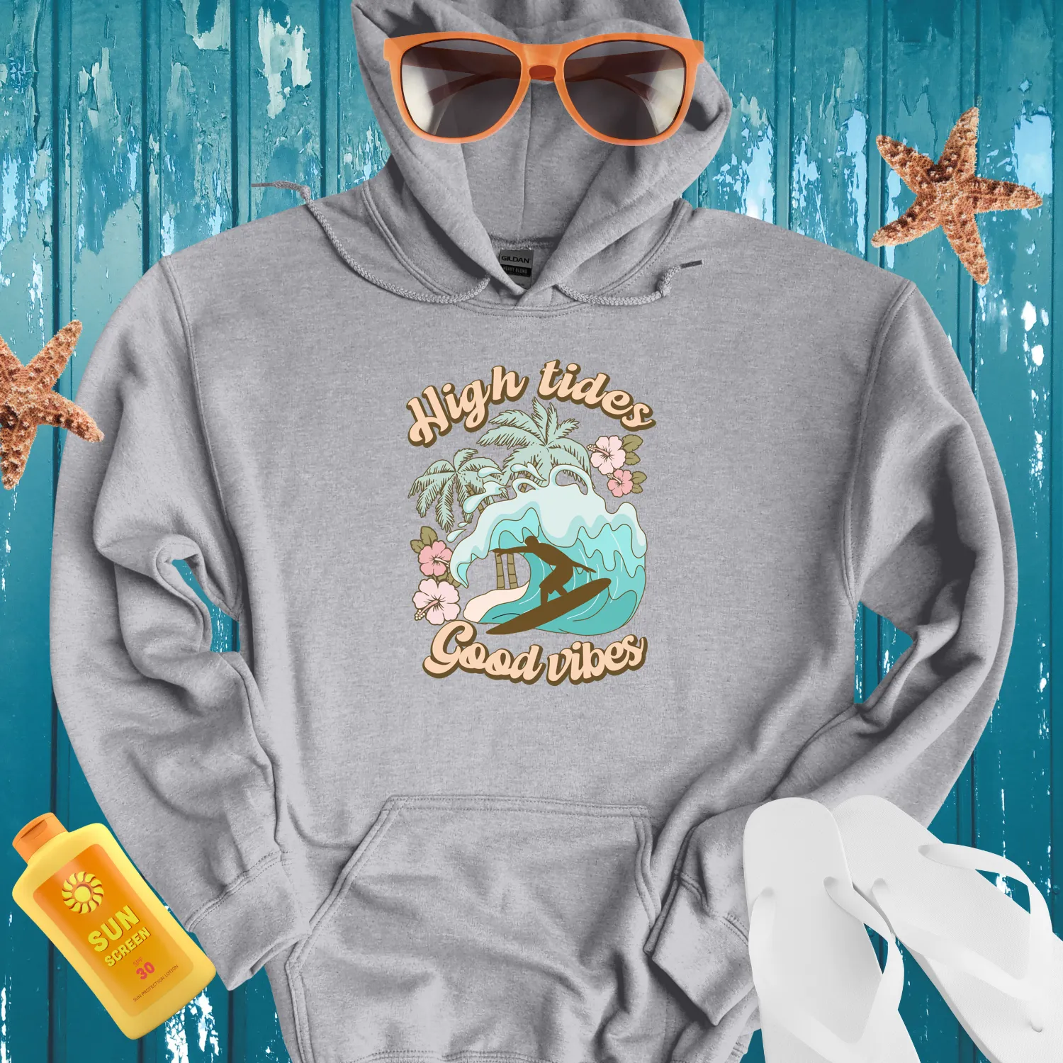 Vintage Surfing Hoodie With Light Blue Wave Design