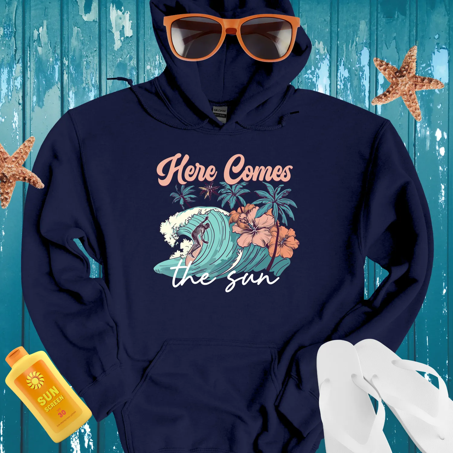Vintage Surfing Scene Hoodie With Tropical Vibes