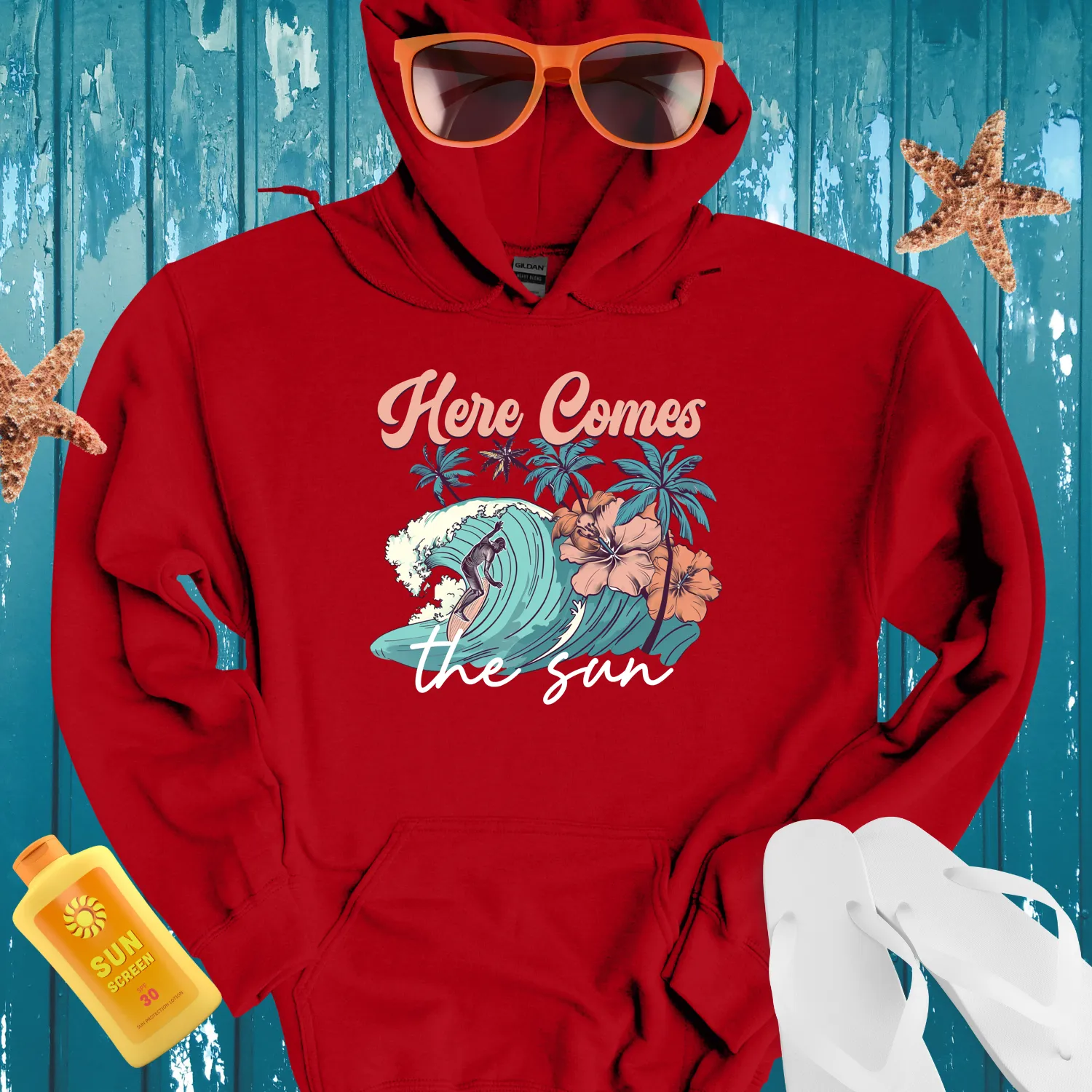 Vintage Surfing Scene Hoodie With Tropical Vibes