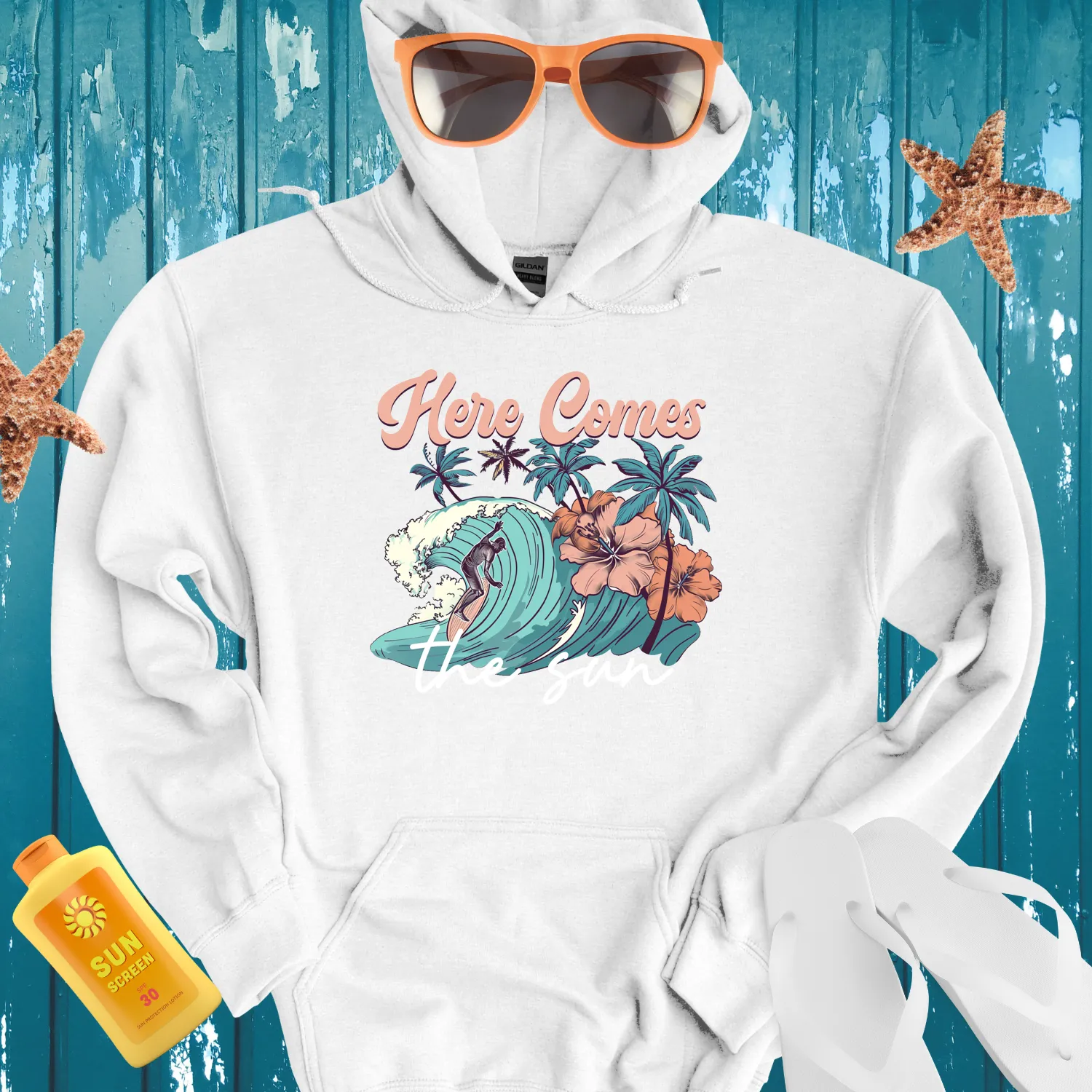Vintage Surfing Scene Hoodie With Tropical Vibes