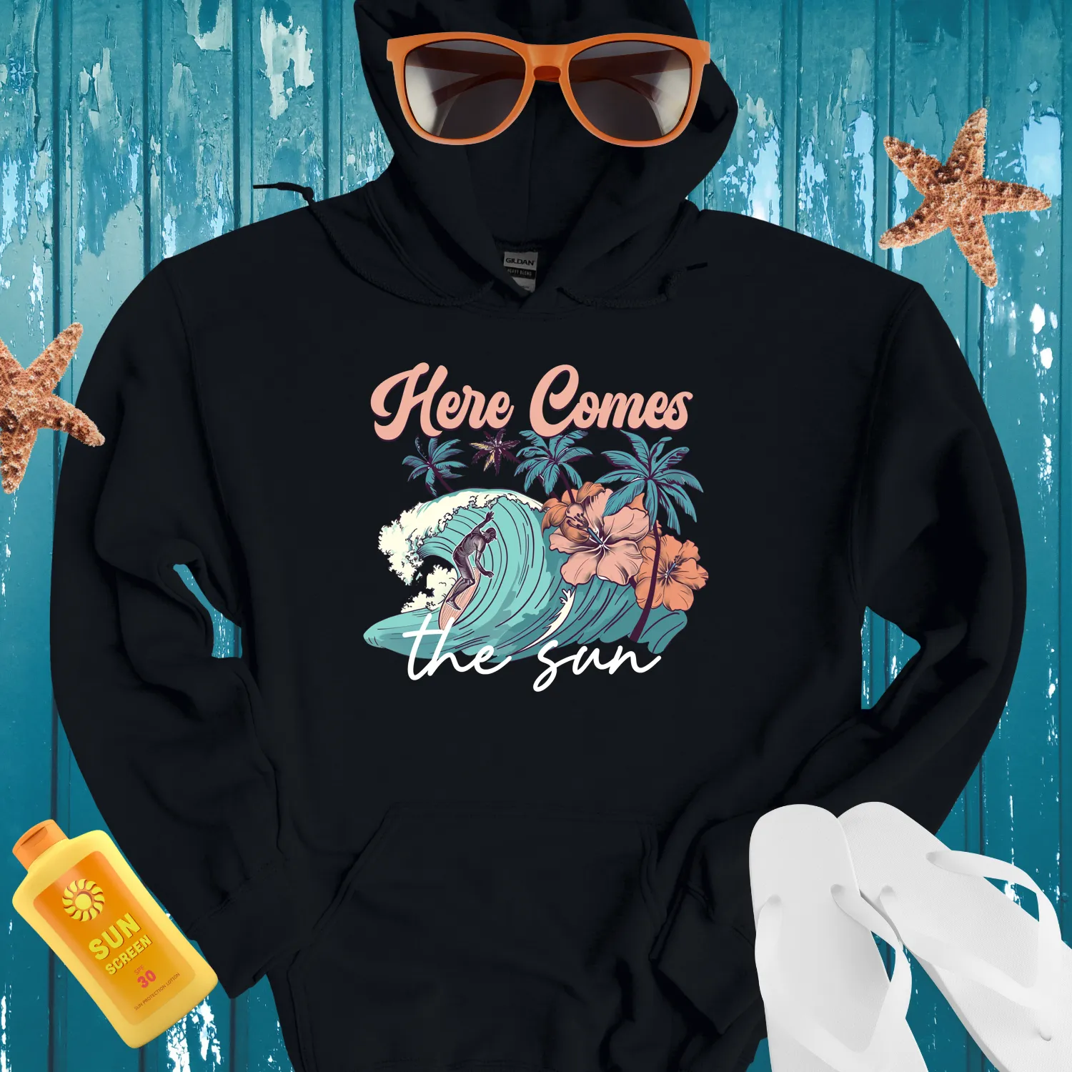 Vintage Surfing Scene Hoodie With Tropical Vibes