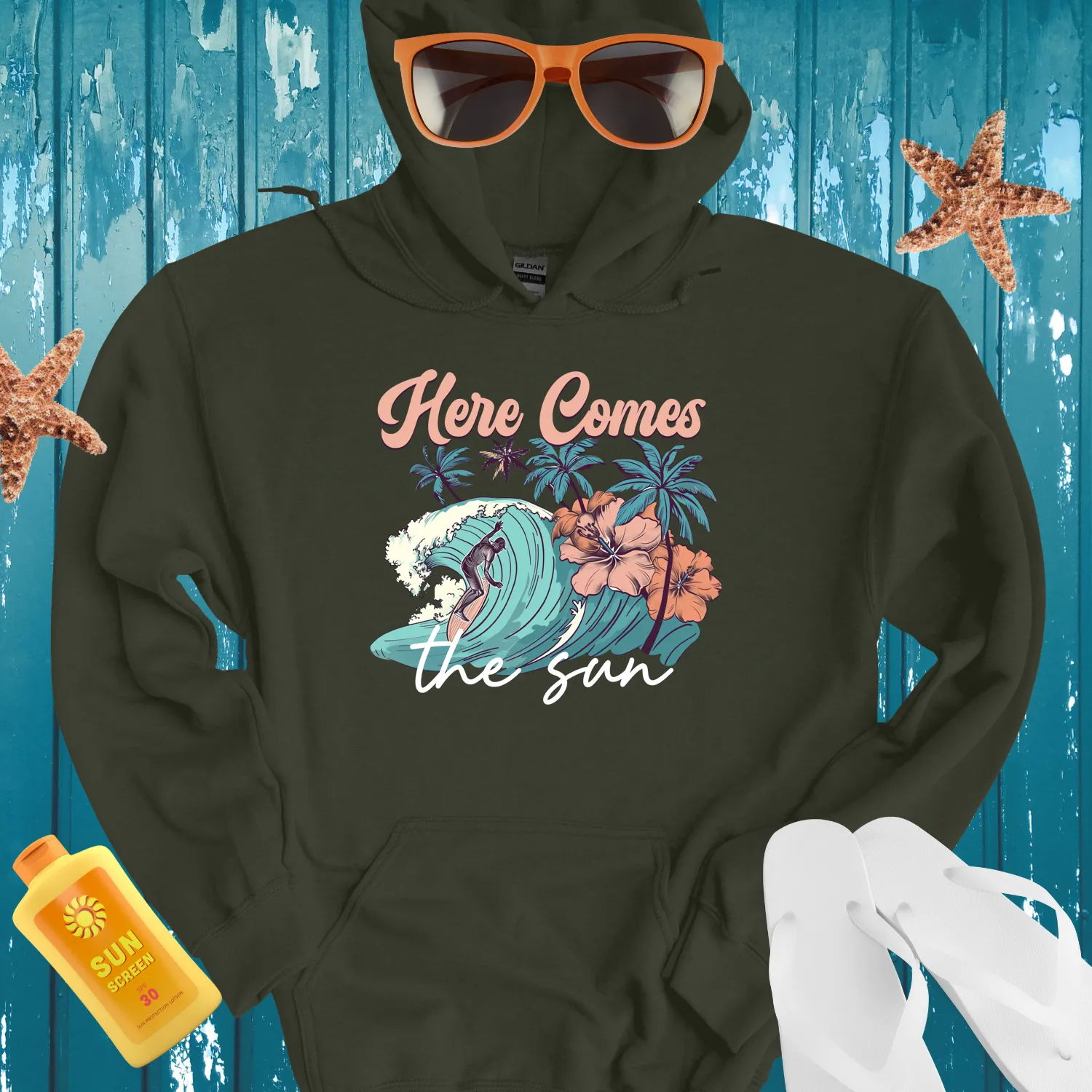 Vintage Surfing Scene Hoodie With Tropical Vibes