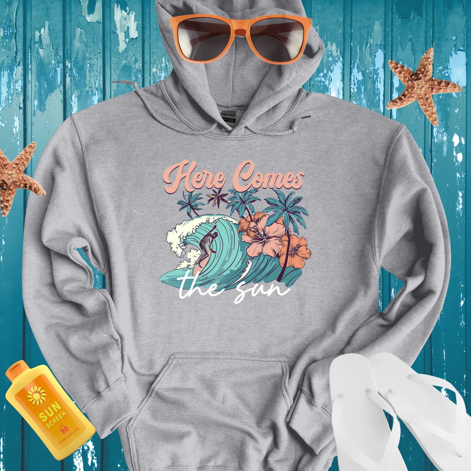 Vintage Surfing Scene Hoodie With Tropical Vibes