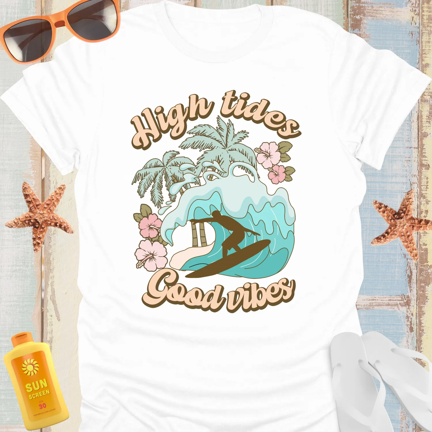Vintage Surfing T-Shirt High Tides Good Vibes Retro Wear