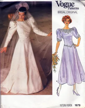 Vogue Bridal Original 1679 Womens Dropped Waist Wedding Gown 1980s Vintage Sewing Pattern Size 12 Bust 34 Inches UNCUT Factory Folded