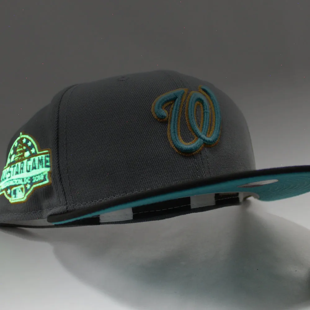 Washington Nationals 2018 AllStar Game New Era 59Fifty Fitted Hat (Glow in the Dark Storm Gray Black Visor Teal Under Brim)