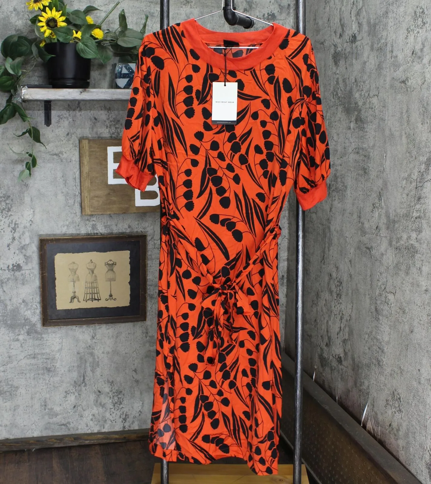Who What Wear Women's Floral Print Short Sleeve High Neck A-Line Midi Dress