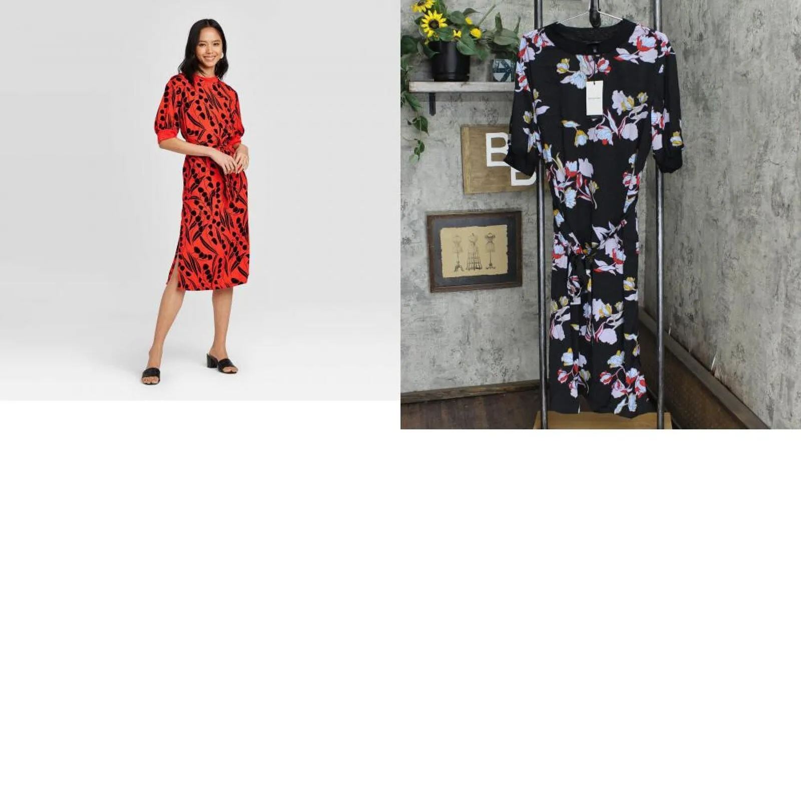 Who What Wear Women's Floral Print Short Sleeve High Neck A-Line Midi Dress