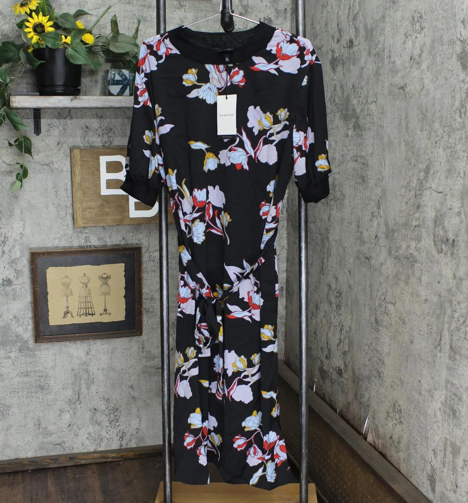 Who What Wear Women's Floral Print Short Sleeve High Neck A-Line Midi Dress