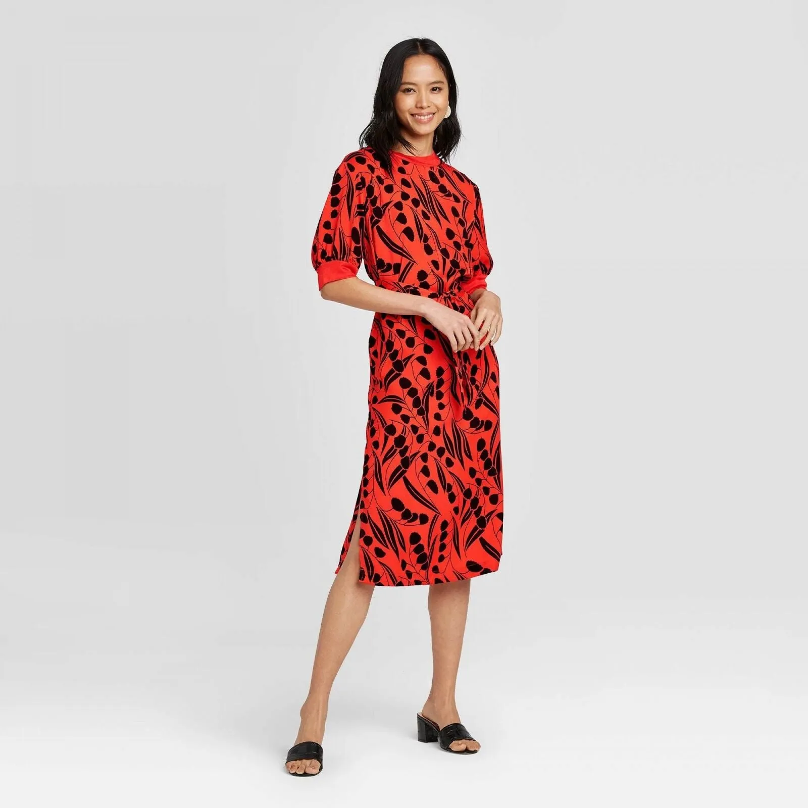 Who What Wear Women's Floral Print Short Sleeve High Neck A-Line Midi Dress